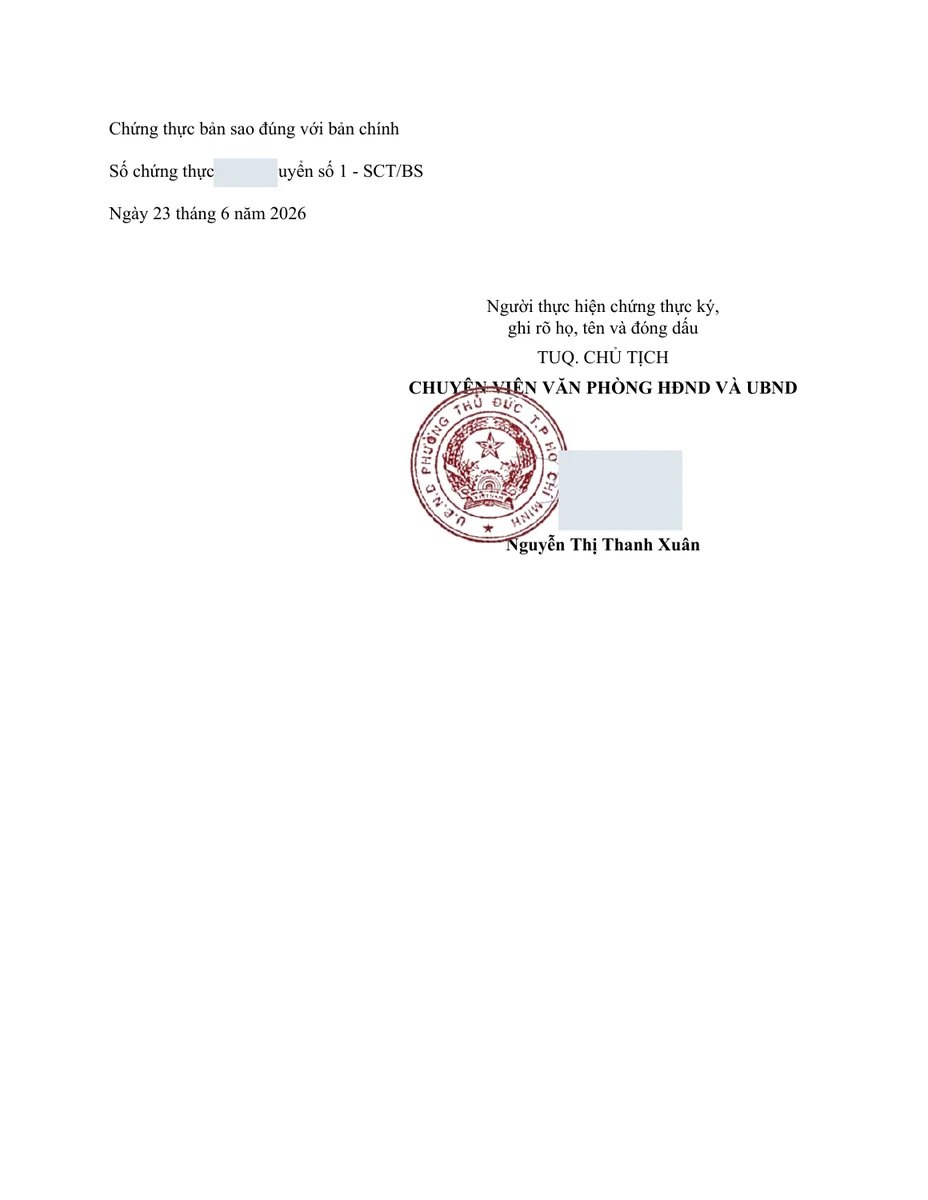 Trang chứng thực bản sao, không phải kết quả hoàn công